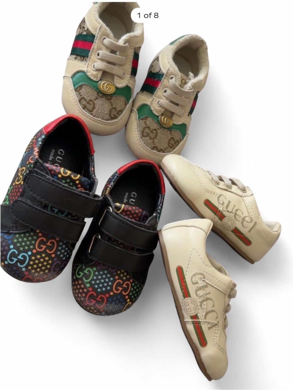 Gucci Kids Multi-Color GG Logo and White Leather T-Strap Sneakers